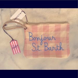 NWT. MC2 Saint Barth. Pink & White Bonjour St. Barth clutch with wrist strap.